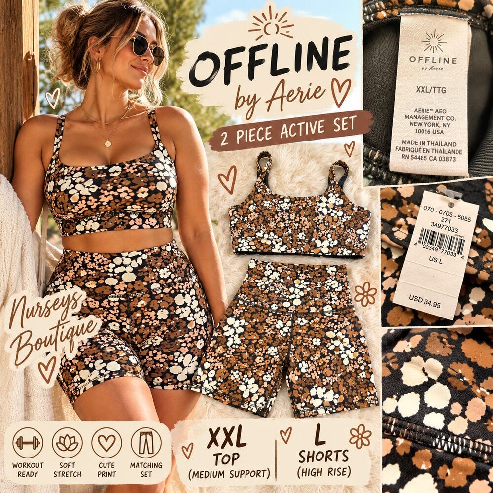 OFFLINE by Aerie Floral Sports Bra Bike Shorts Set XXL L NWT Brown